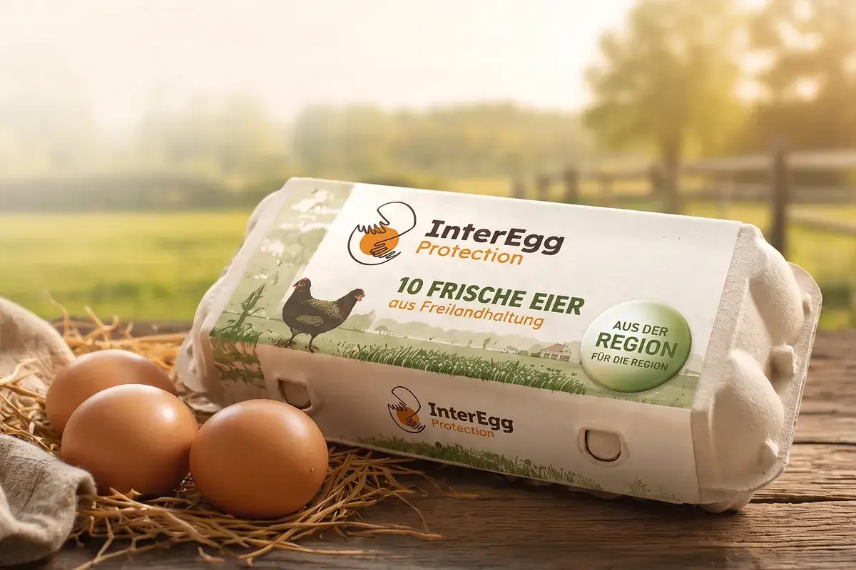 InterEgg Hero Eierkarton – Mobil Papp-Eierkarton mit InterEgg-Protection-Banderole „10 frische Eier aus Freilandhaltung“ auf einem Holztisch, daneben drei braune Eier im Stroh, im Hintergrund eine Weide im Morgenlicht